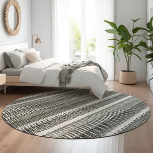 HomeRoots 8' Gray And Ivory Striped Washable Round Rug – Durable, UV-Protected, Perfect for High-Traffic Areas 650479