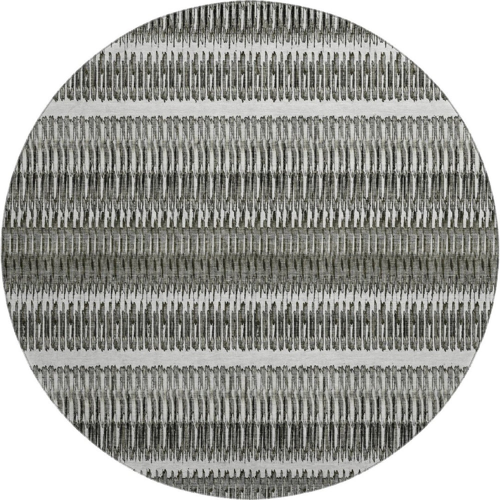 HomeRoots 8' Gray And Ivory Striped Washable Round Rug – Durable, UV-Protected, Perfect for High-Traffic Areas 650479