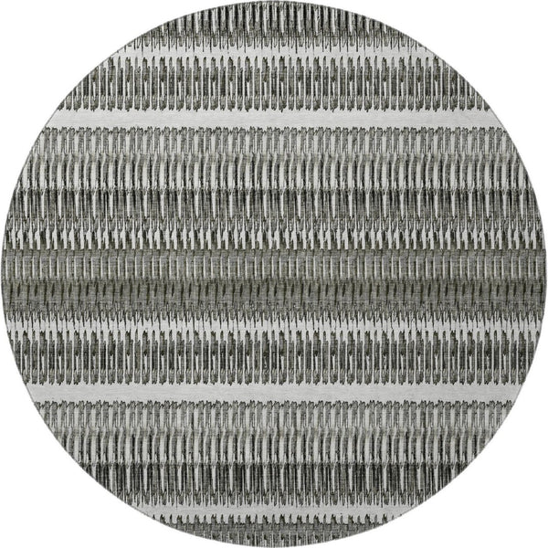 HomeRoots 8' Gray And Ivory Striped Washable Round Rug – Durable, UV-Protected, Perfect for High-Traffic Areas 650479