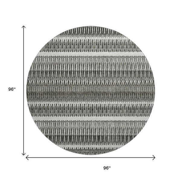 HomeRoots 8' Gray And Ivory Striped Washable Round Rug – Durable, UV-Protected, Perfect for High-Traffic Areas 650479