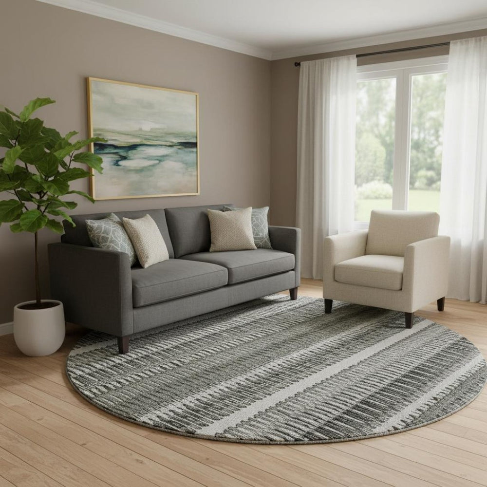 HomeRoots 8' Gray And Ivory Striped Washable Round Rug – Durable, UV-Protected, Perfect for High-Traffic Areas 650479
