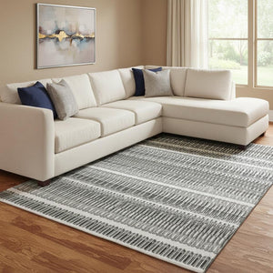 HomeRoots 8' X 10' Gray And Ivory Striped Washable Area Rug – Stain Resistant, UV Protected, Easy Care Design 650480