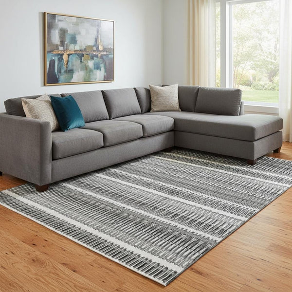 HomeRoots 9' X 12' Gray and Ivory Striped Washable Area Rug with UV Protection – Durable, Stylish, and Versatile! 650481