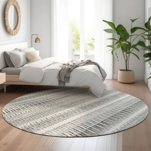HomeRoots 8' Ivory and Gray Striped Washable Round Rug - Durable, Stain-Resistant, UV Protected for Indoor/Outdoor Use 650485