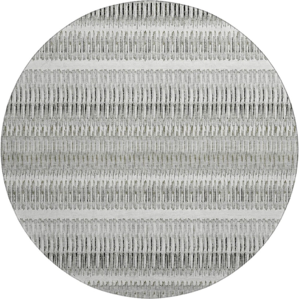 HomeRoots 8' Ivory and Gray Striped Washable Round Rug - Durable, Stain-Resistant, UV Protected for Indoor/Outdoor Use 650485