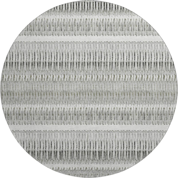HomeRoots 8' Ivory and Gray Striped Washable Round Rug - Durable, Stain-Resistant, UV Protected for Indoor/Outdoor Use 650485