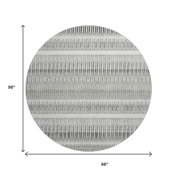 HomeRoots 8' Ivory and Gray Striped Washable Round Rug - Durable, Stain-Resistant, UV Protected for Indoor/Outdoor Use 650485