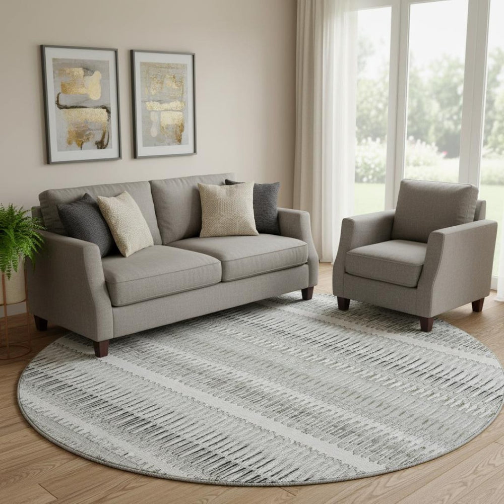HomeRoots 8' Ivory and Gray Striped Washable Round Rug - Durable, Stain-Resistant, UV Protected for Indoor/Outdoor Use 650485