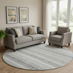 HomeRoots 8' Ivory and Gray Striped Washable Round Rug - Durable, Stain-Resistant, UV Protected for Indoor/Outdoor Use 650485