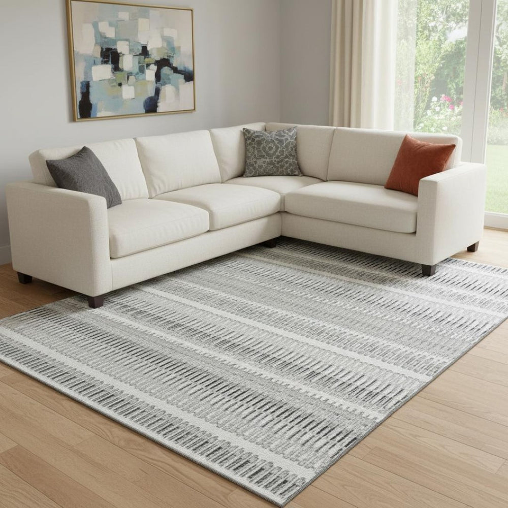 HomeRoots 10' X 14' Ivory and Gray Striped Washable Area Rug with UV Protection for Stylish, Durable Living Spaces 650488
