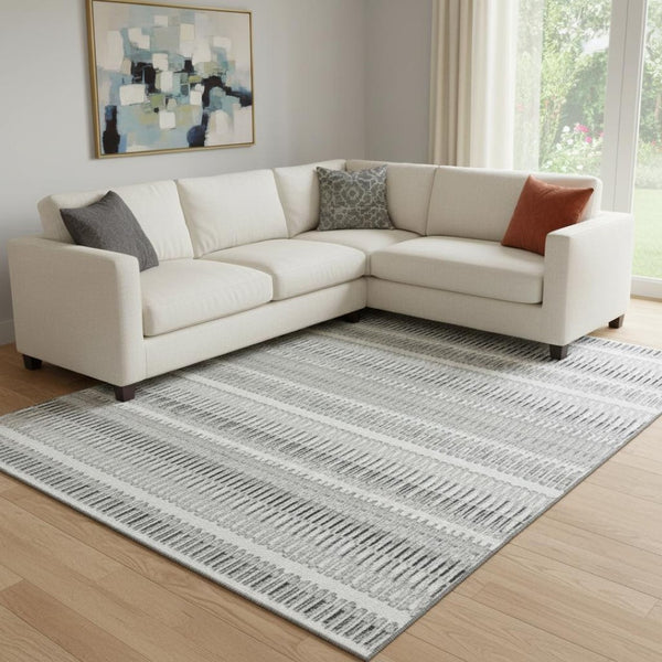 HomeRoots 10' X 14' Ivory and Gray Striped Washable Area Rug with UV Protection for Stylish, Durable Living Spaces 650488