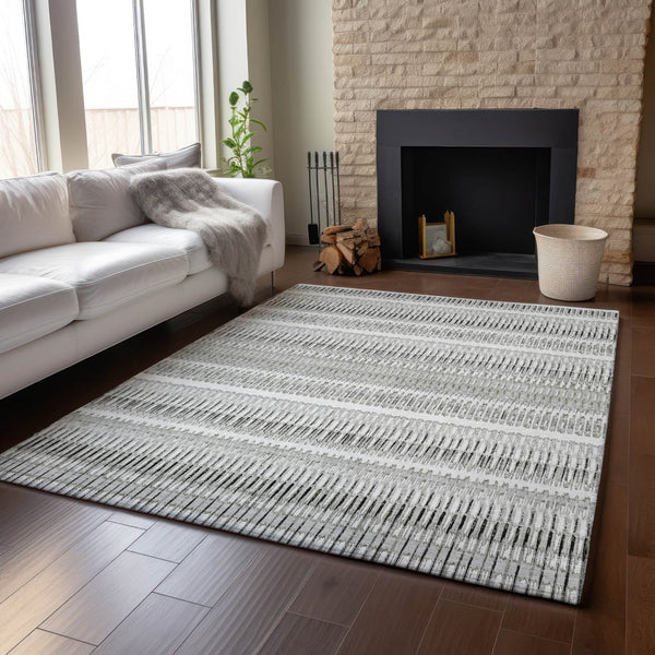 HomeRoots 10' X 14' Ivory and Gray Striped Washable Area Rug with UV Protection for Stylish, Durable Living Spaces 650488