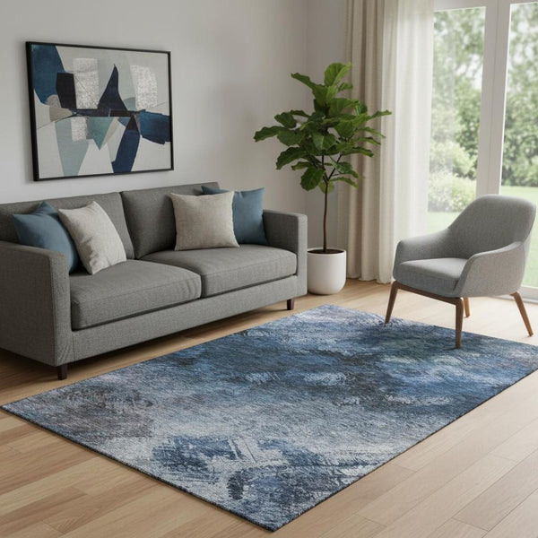 HomeRoots 5' X 8' Modern Blue, Black & Gray Abstract Washable Area Rug with Stain Resistance & UV Protection 650496