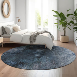 HomeRoots 8' Modern Abstract Blue, Black & Gray Washable Round Rug with UV Protection for High-Traffic Areas 650497