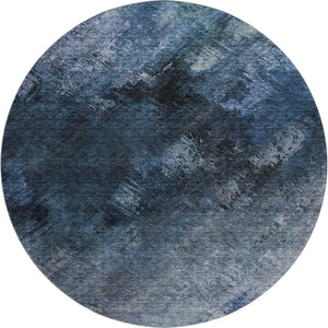 HomeRoots 8' Modern Abstract Blue, Black & Gray Washable Round Rug with UV Protection for High-Traffic Areas 650497
