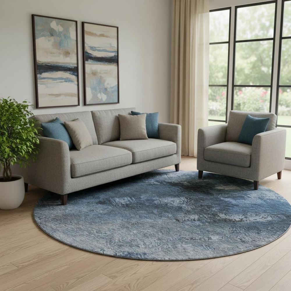 HomeRoots 8' Modern Abstract Blue, Black & Gray Washable Round Rug with UV Protection for High-Traffic Areas 650497