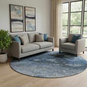 HomeRoots 8' Modern Abstract Blue, Black & Gray Washable Round Rug with UV Protection for High-Traffic Areas 650497