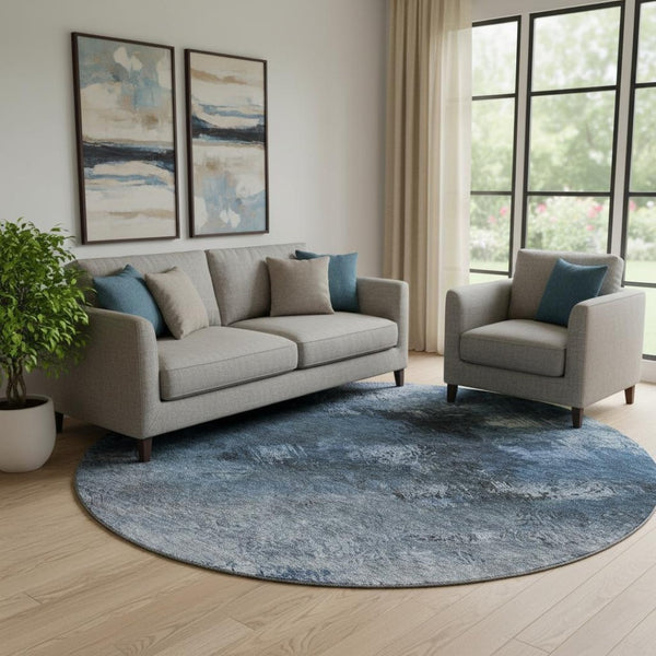 HomeRoots 8' Modern Abstract Blue, Black & Gray Washable Round Rug with UV Protection for High-Traffic Areas 650497