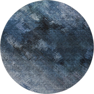 HomeRoots 8' Modern Abstract Blue, Black & Gray Washable Round Rug with UV Protection for High-Traffic Areas 650497