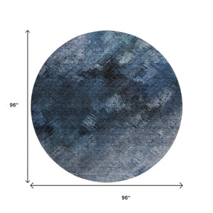 HomeRoots 8' Modern Abstract Blue, Black & Gray Washable Round Rug with UV Protection for High-Traffic Areas 650497