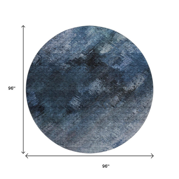 HomeRoots 8' Modern Abstract Blue, Black & Gray Washable Round Rug with UV Protection for High-Traffic Areas 650497
