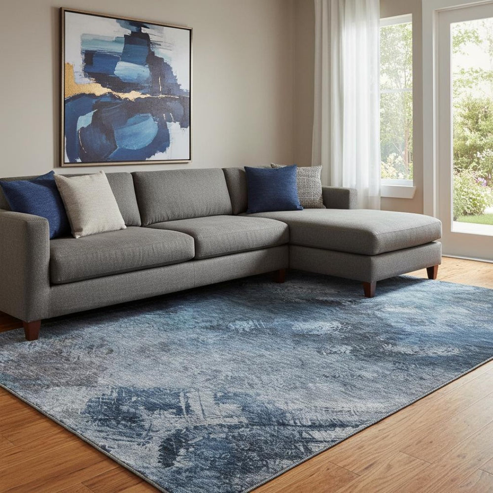 HomeRoots 9' Blue Black Gray Abstract Washable Area Rug with UV Protection - Durable, Stylish & Easy Care 650499