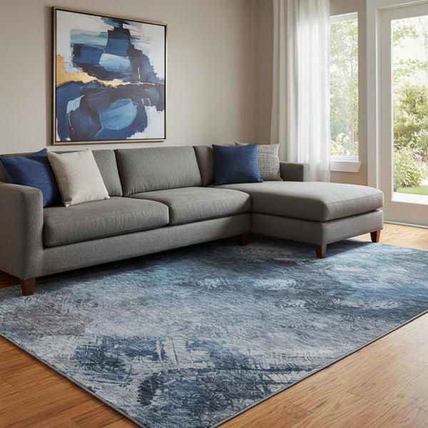 HomeRoots 9' Blue Black Gray Abstract Washable Area Rug with UV Protection - Durable, Stylish & Easy Care 650499
