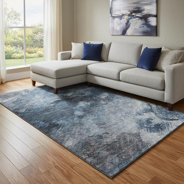 HomeRoots 10' X 14' Contemporary Blue, Black & Gray Abstract Washable Area Rug with Stain & UV Protection 650500