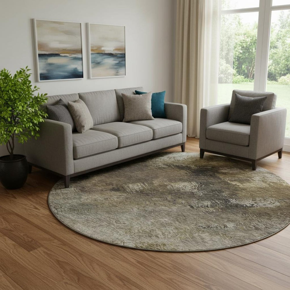 HomeRoots 8' Chocolate Gray & Charcoal Abstract Round Rug – Durable, Stain-Resistant, UV Protected Design for Homes 650503