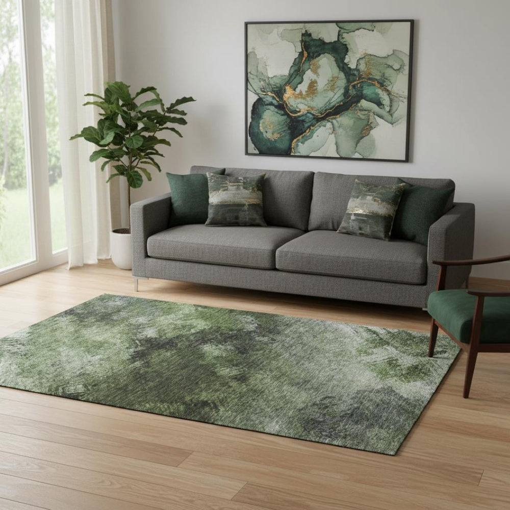 HomeRoots 5' X 8' Modern Abstract Washable Area Rug in Green, Gray & Charcoal – Durable, UV Protected Design 650508