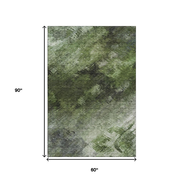 HomeRoots 5' X 8' Modern Abstract Washable Area Rug in Green, Gray & Charcoal – Durable, UV Protected Design 650508