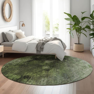 HomeRoots 8' Modern Abstract Round Rug in Green, Gray & Charcoal - Washable, UV-Protected & Stain-Resistant! 650509