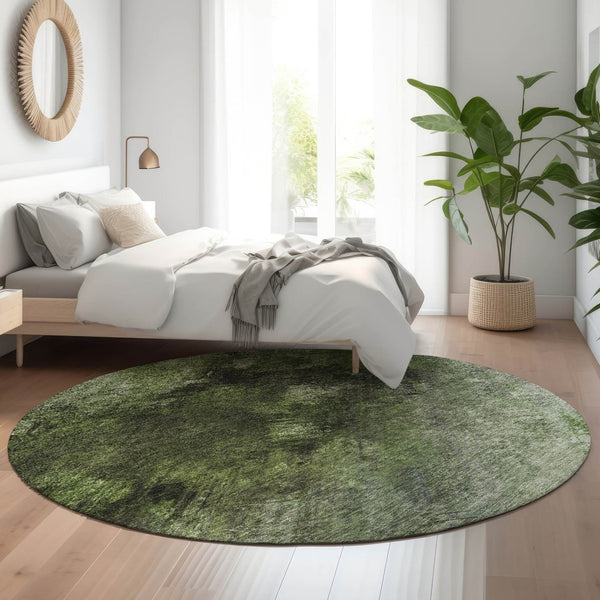 HomeRoots 8' Modern Abstract Round Rug in Green, Gray & Charcoal - Washable, UV-Protected & Stain-Resistant! 650509