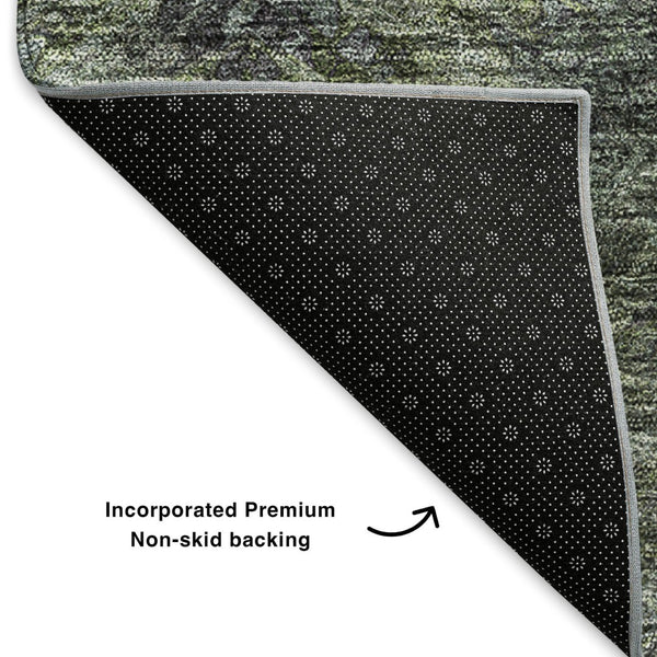 HomeRoots 8' Modern Abstract Round Rug in Green, Gray & Charcoal - Washable, UV-Protected & Stain-Resistant! 650509