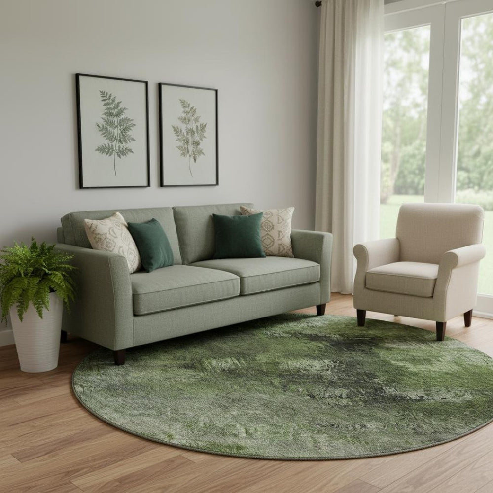 HomeRoots 8' Modern Abstract Round Rug in Green, Gray & Charcoal - Washable, UV-Protected & Stain-Resistant! 650509