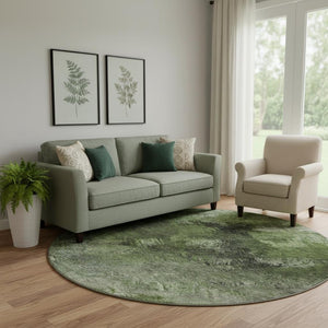 HomeRoots 8' Modern Abstract Round Rug in Green, Gray & Charcoal - Washable, UV-Protected & Stain-Resistant! 650509