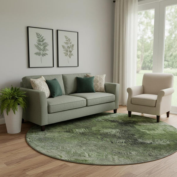 HomeRoots 8' Modern Abstract Round Rug in Green, Gray & Charcoal - Washable, UV-Protected & Stain-Resistant! 650509