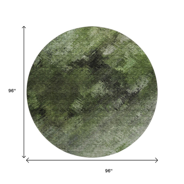 HomeRoots 8' Modern Abstract Round Rug in Green, Gray & Charcoal - Washable, UV-Protected & Stain-Resistant! 650509