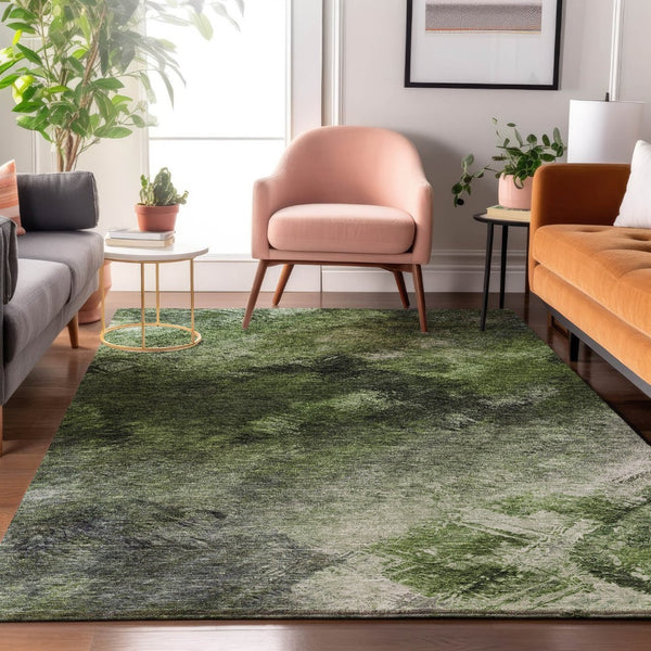 HomeRoots 9' X 12' Abstract Washable Area Rug in Green, Gray & Charcoal - Durable, UV Protected & Family-Friendly! 650511
