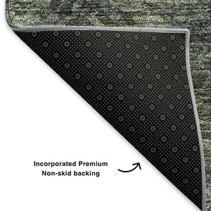 HomeRoots 9' X 12' Abstract Washable Area Rug in Green, Gray & Charcoal - Durable, UV Protected & Family-Friendly! 650511