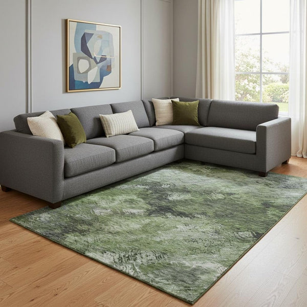 HomeRoots 9' X 12' Abstract Washable Area Rug in Green, Gray & Charcoal - Durable, UV Protected & Family-Friendly! 650511