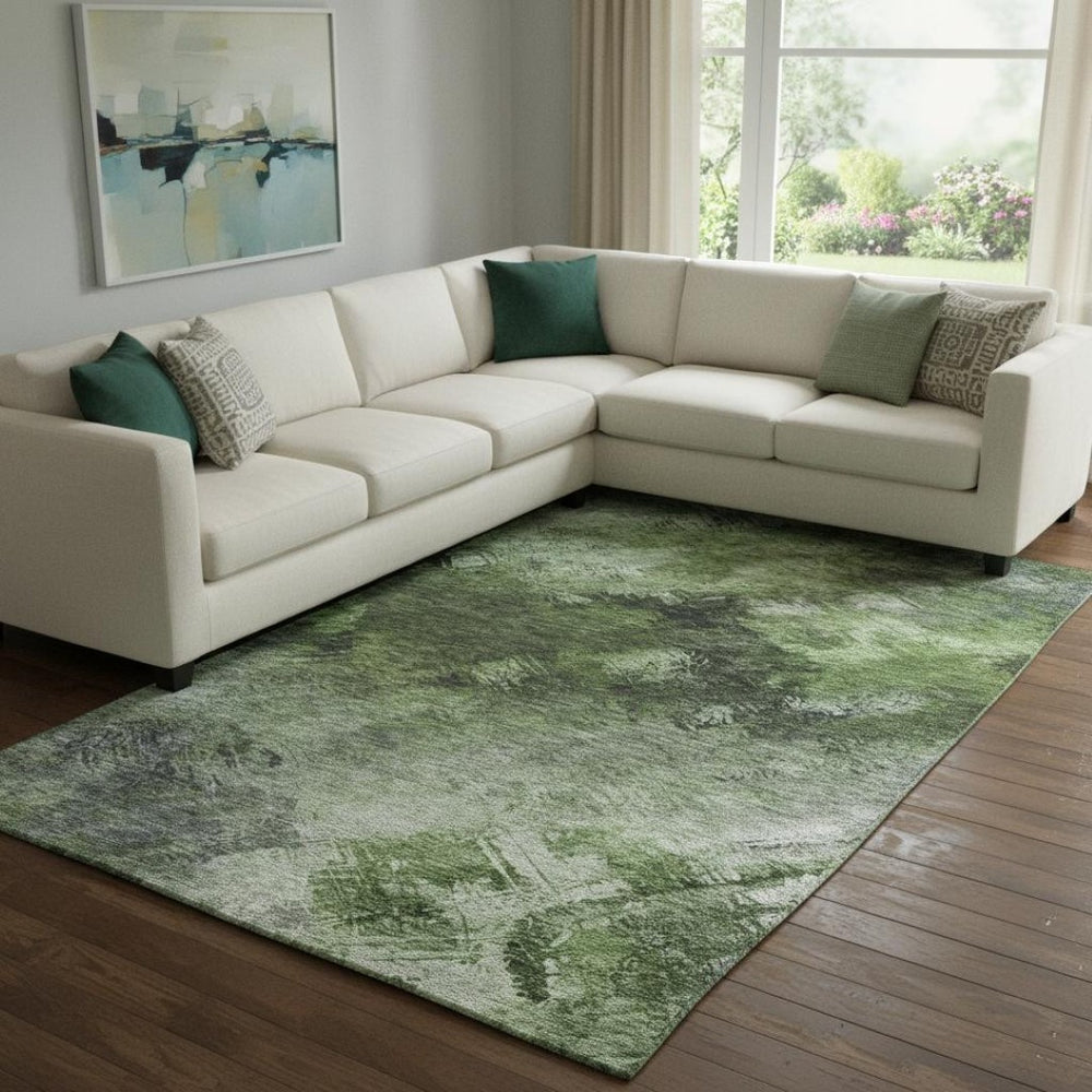 HomeRoots 10' X 14' Modern Abstract Area Rug in Green, Gray & Charcoal - Washable, UV-Protected & Durable Design 650512