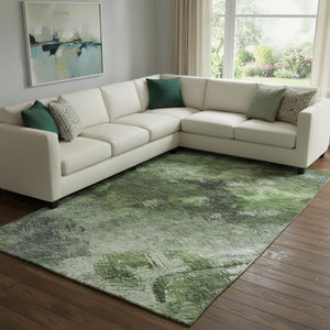 HomeRoots 10' X 14' Modern Abstract Area Rug in Green, Gray & Charcoal - Washable, UV-Protected & Durable Design 650512