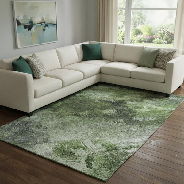 HomeRoots 10' X 14' Modern Abstract Area Rug in Green, Gray & Charcoal - Washable, UV-Protected & Durable Design 650512