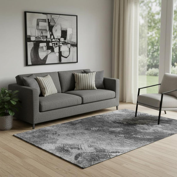 HomeRoots 5' X 8' Stylish Gray Silver Black Abstract Area Rug - UV Protected, Washable, Pet-Friendly Design 650514