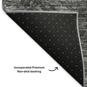 HomeRoots 8' Gray Silver And Black Abstract Round Washable Rug - Durable, UV-Protected, Easy-Care Design! 650515