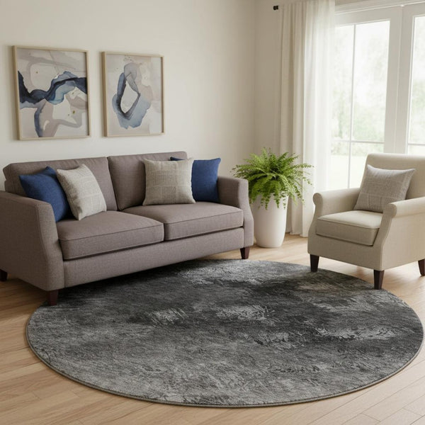 HomeRoots 8' Gray Silver And Black Abstract Round Washable Rug - Durable, UV-Protected, Easy-Care Design! 650515