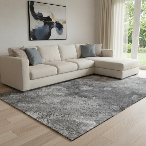 HomeRoots 10' X 14' Gray Silver and Black Abstract Washable Area Rug with UV Protection for Modern Spaces 650518