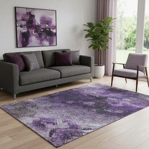 HomeRoots 5' X 8' Abstract Purple Gray Ivory Area Rug - Washable, UV Protected, Stylish & Durable Design 650520