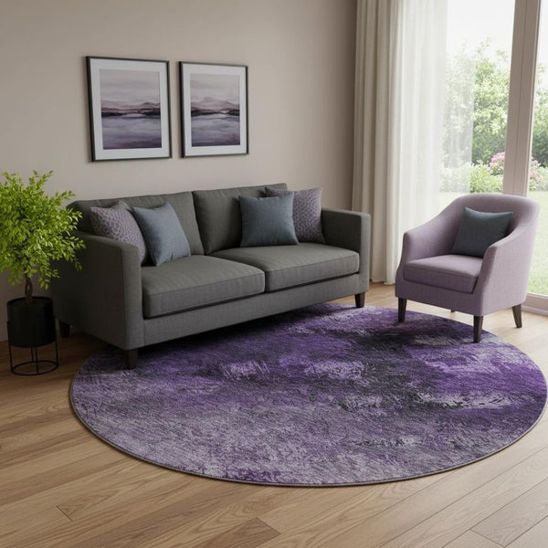 HomeRoots 8' Purple Gray And Ivory Abstract Round Rug - Washable, UV-Protected, Modern Design for High Traffic Areas 650521